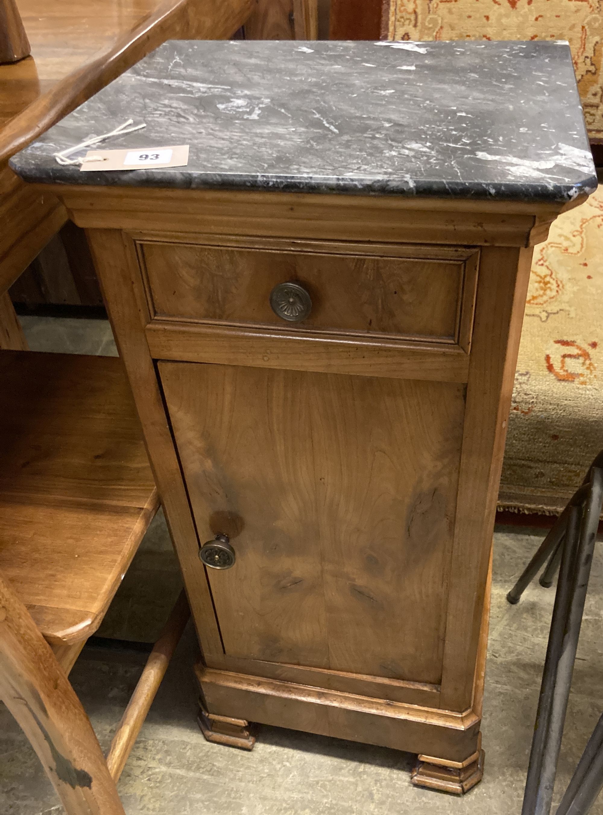 A 19th century French marble top walnut bedside cabinet, width 40cm, depth 34cm, height 80cm